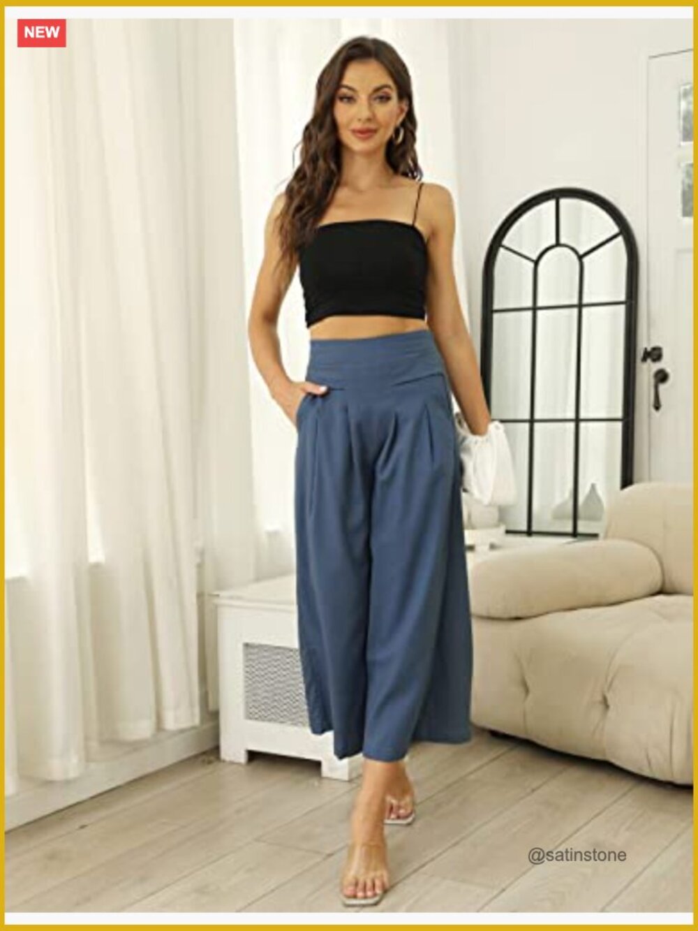 Linen Blend Wide Leg Palazzo Pants with Pockets - Picture 2 of 7